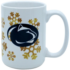 white mug with gold snowflakes and Penn State Athletic Logo